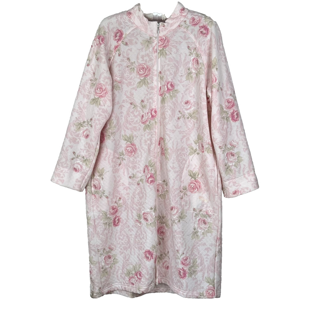 Miss Elaine Robe Housecoat Medium Pink Floral Roses Zip House Dress Quilted Look